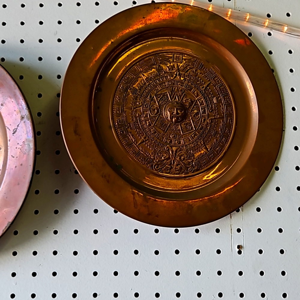 Three (or separately) copper mexican plates from Mexico Aztec calendar and deity